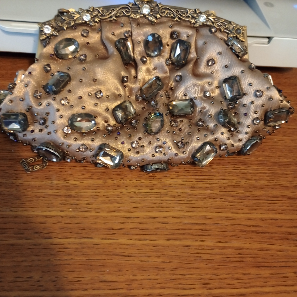 Embellished Taupe Satin Evening Clutch - Women Accessories